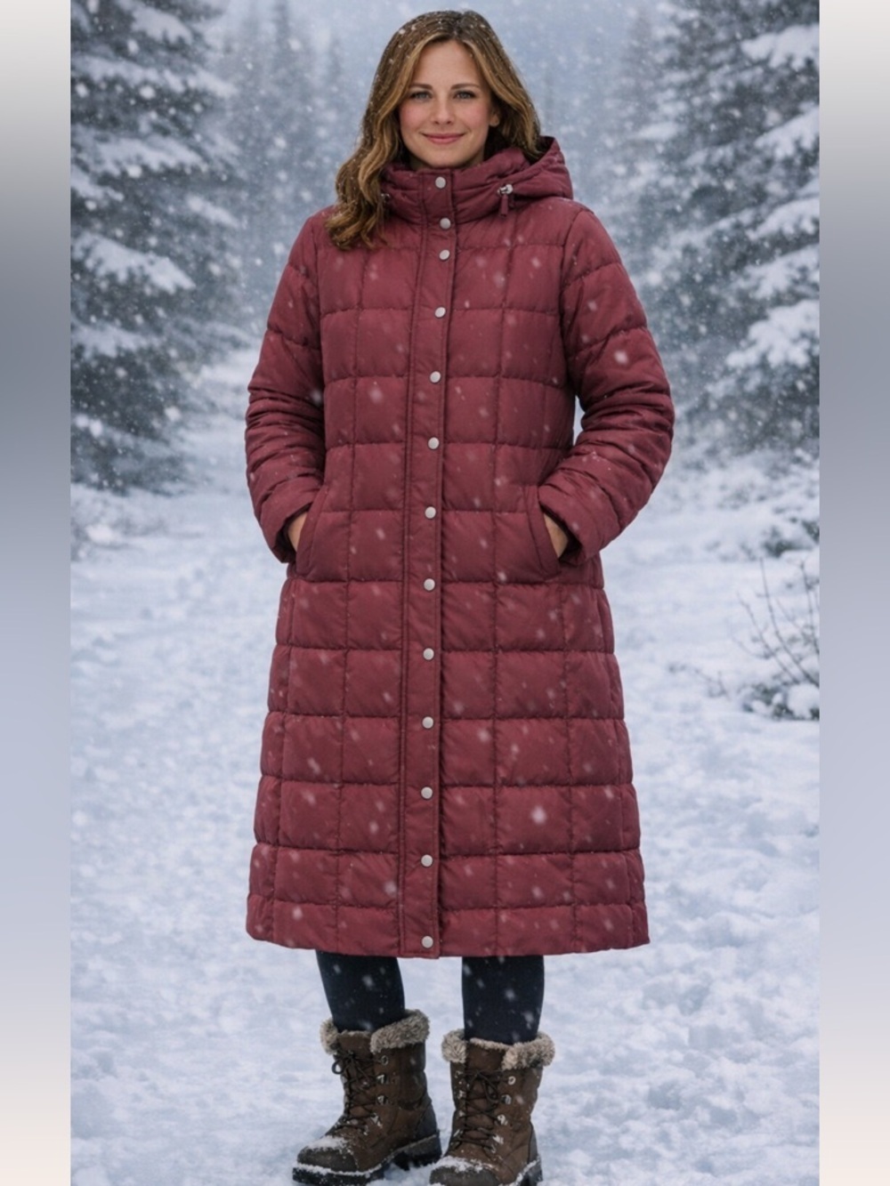 LANDS' END Women's Long Quilted Medium Puffer Coat in Burgundy with Hood